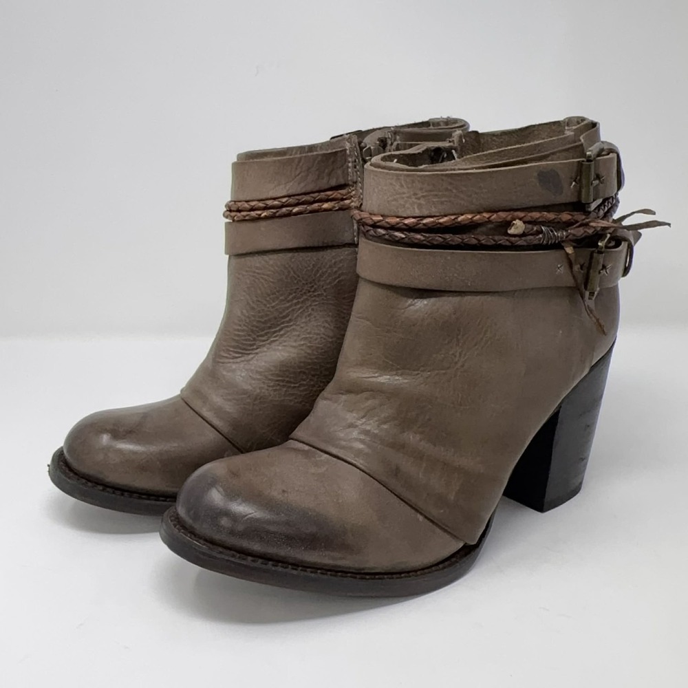 Freebird by Steven Lion Ankle Booties Womens Size 10 Gray Leather Braided Straps